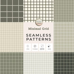 Op de afbeelding: Presentatie van acht naadloze, minimalistische rasterpatronen in olijfgroen en neutrale tinten. De tekst "Minimal Grid SEAMLESS PATTERNS" en details over het bestandsformaat zijn inbegrepen.