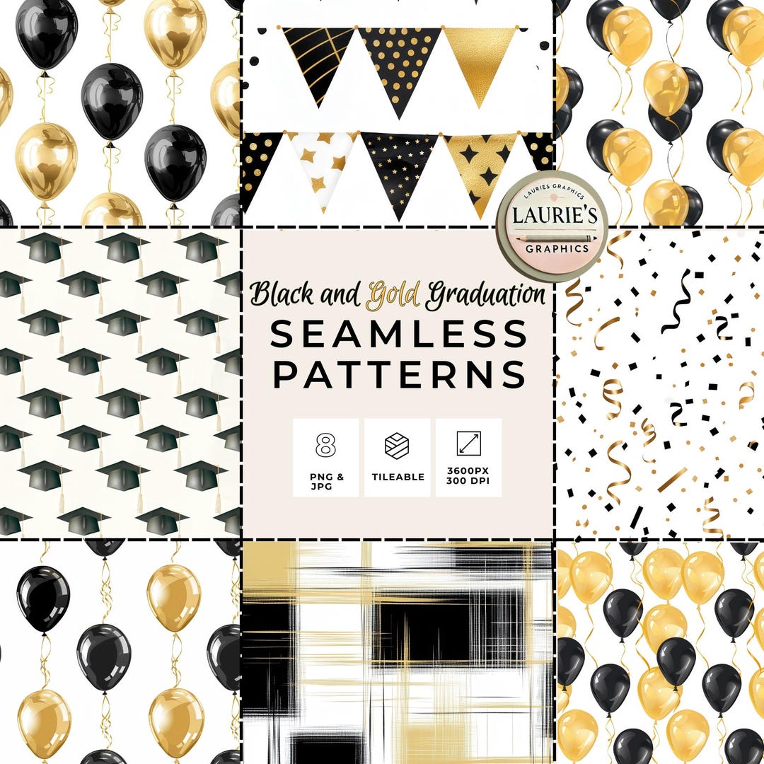 Graduation Ribbon Pattern Graduation Seamless Patterns Pack: Black and Gold PNG/JPG, Grad Cap ...