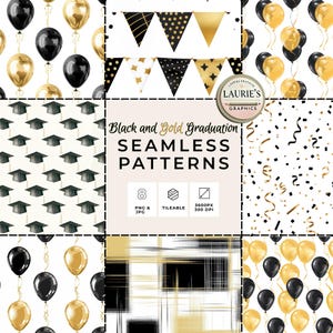 Paquete de patrones sin costuras de graduación: PNG/JPG negro y dorado, birrete, confeti, globos, banderines, cuadros, GRAD002
