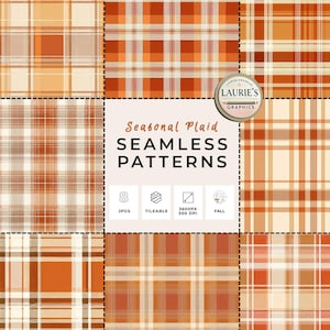 May include: A digital graphic featuring eight seamless plaid patterns in shades of orange, cream, and brown. The patterns are arranged in a grid, with a central text overlay reading "Seasonal Plaid Seamless Patterns". Includes details about the file format and resolution.