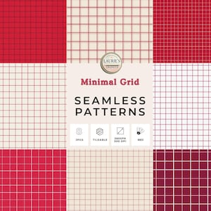 Puede incluir: Un gráfico digital que presenta nueve patrones sin costuras de cuadrícula minimalista en rojo y crema. La imagen incluye el texto "Minimal Grid SEAMLESS PATTERNS" y detalles como "8 JPGs", "Tileable", "3600PX 300 DPI" y "RED".