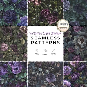 Schwarz und violette Gothic Florals: Seamless Pattern Pack, Victorian Dark Garden, Moody Rosen und Pfingstrosen, PNG JPG, Kommerzielle Nutzung