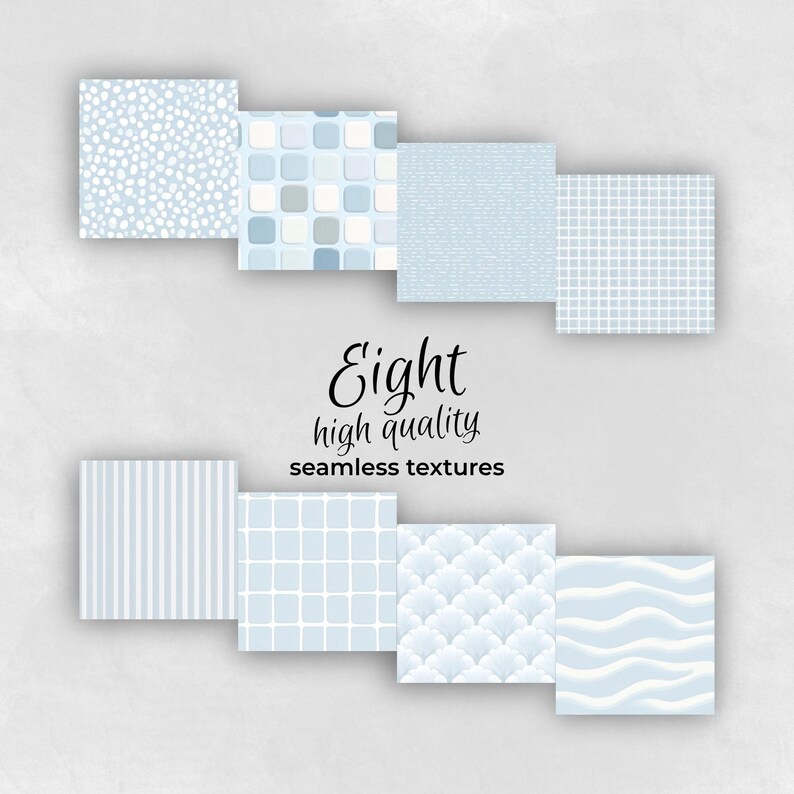 Collection of dusty blue  soft geometry seamless patterns, perfect for digital and print projects.