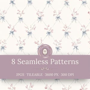 Grand Millennial Seamless Patterns - Pacchetto di carte digitali in stile cottage con motivi floreali blu (download immediato)