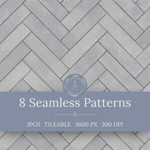 May include: A gray herringbone pattern featuring rectangular tiles arranged in a repeating diagonal layout. A circular logo with a compass icon sits above a blue banner containing the text 8 Seamless Patterns, JPGS, TILEABLE, 3600 PX, 300 DPI.