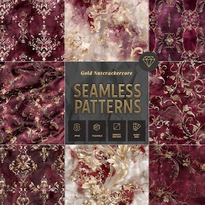 May include: Eight seamless patterns in ruby red and gold, featuring ornate floral and damask designs, marble textures, and abstract swirls. The image includes the text "Gold Nutcrackercore" and "Seamless Patterns".