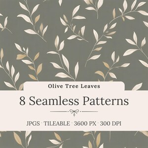 Olive Leaves Seamless Patterns - Botanical Digital Paper Pack, Mediterranean Backgrounds (Instant Download)