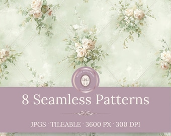 May include: A digital wallpaper design featuring a light green background with a white diamond grid pattern and clusters of pale pink roses and green leaves. The text reads 8 Seamless Patterns, JPGS, TILEABLE, 3600 PX, 300 DPI, and Grand Millennial Collection.