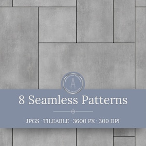 May include: A grey concrete-textured surface with a grid of rectangular and square tiles separated by thin black lines. A circular logo with a compass icon and the text 8 Seamless Patterns JPGS TILEABLE 3600 PX 300 DPI is centred on the image.