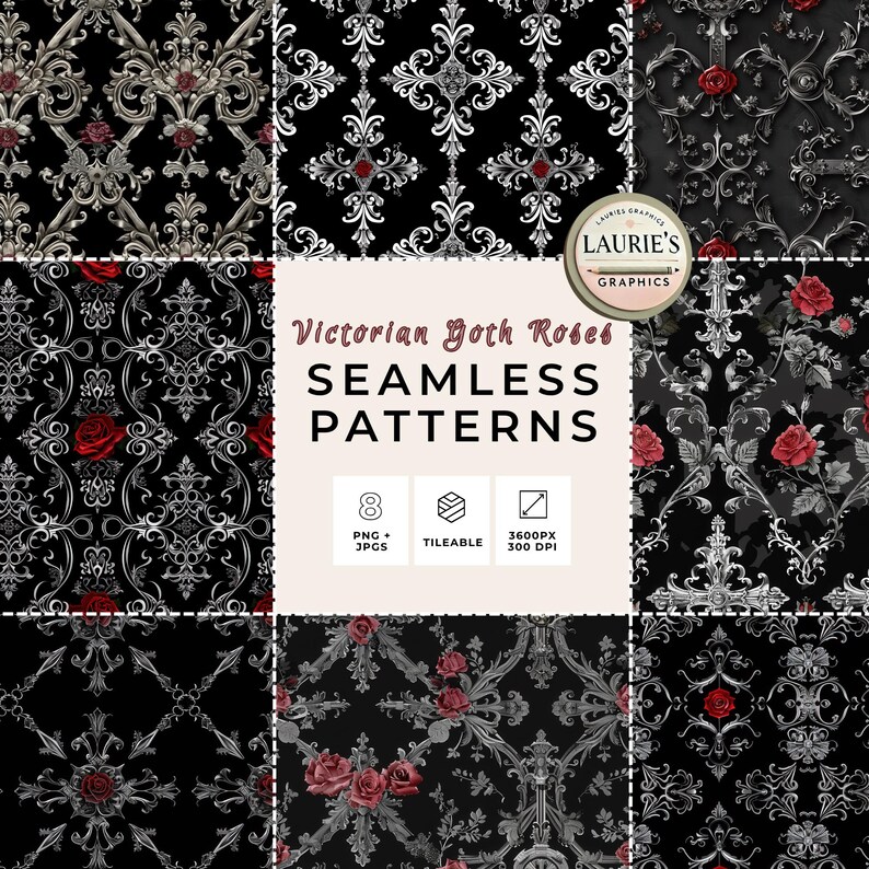 Victorian Goth Roses Seamless Pattern Pack: Gothic Floral Damask ...