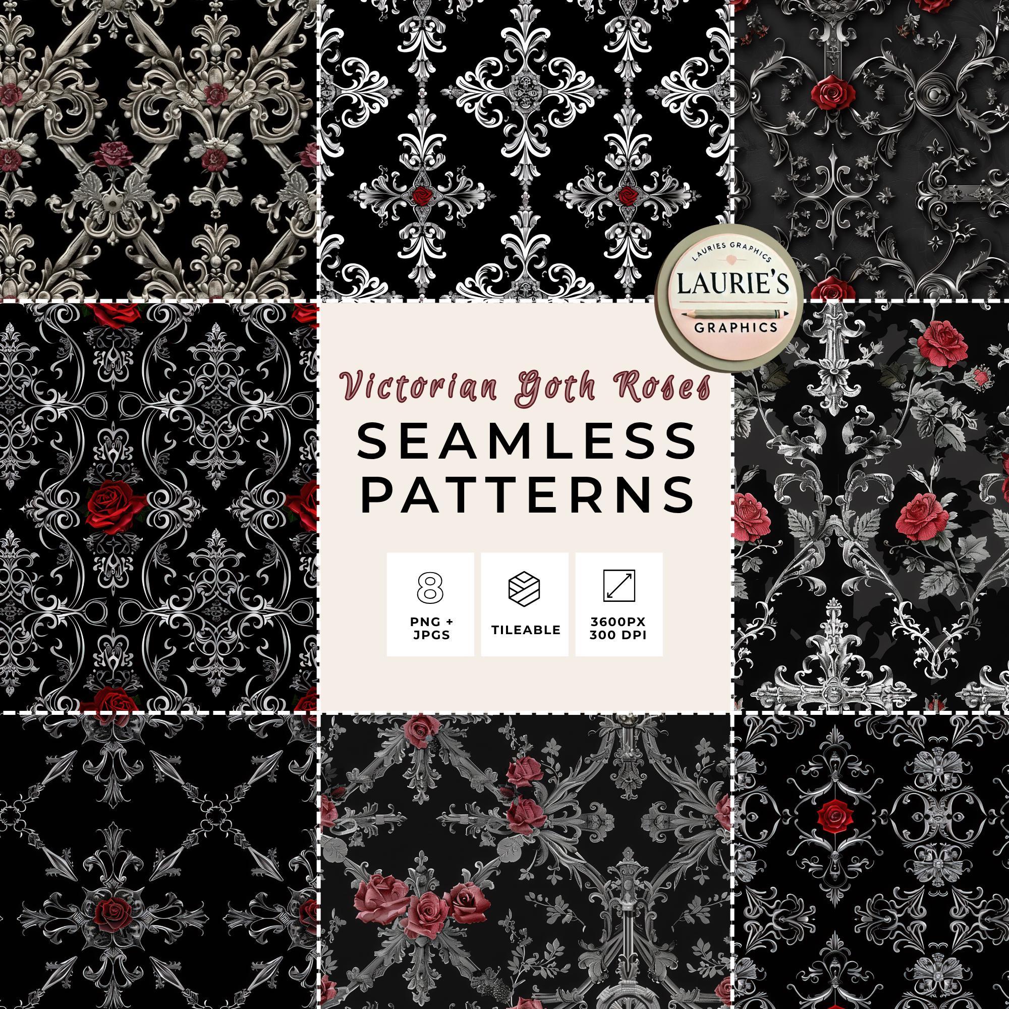Victorian Goth Roses Seamless Pattern Pack: Gothic Floral Damask ...