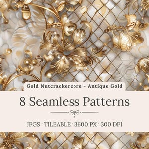 Nutcracker Core Seamless Patterns: Antique Gold Luxury Holiday Backgrounds, Baroque Christmas Textures (Digital Download)