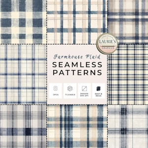 Navy Farmhouse Plaid Seamless Patterns: Neutral Blue and Cream Tartan Digital Backgrounds for Scrapbooking, Wrapping Paper & Digital Crafts