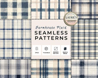 Navy Farmhouse Plaid Seamless Patterns: Neutral Blue and Cream Tartan Digital Backgrounds for Scrapbooking, Wrapping Paper & Digital Crafts