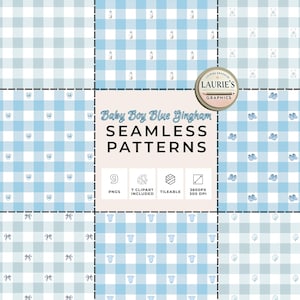Baby Boy Blue Gingham Seamless Patterns, Icons on Plaid Digital Paper, PNG Clipart Included, Shower & Nursery Art, Commercial Use GNBU001