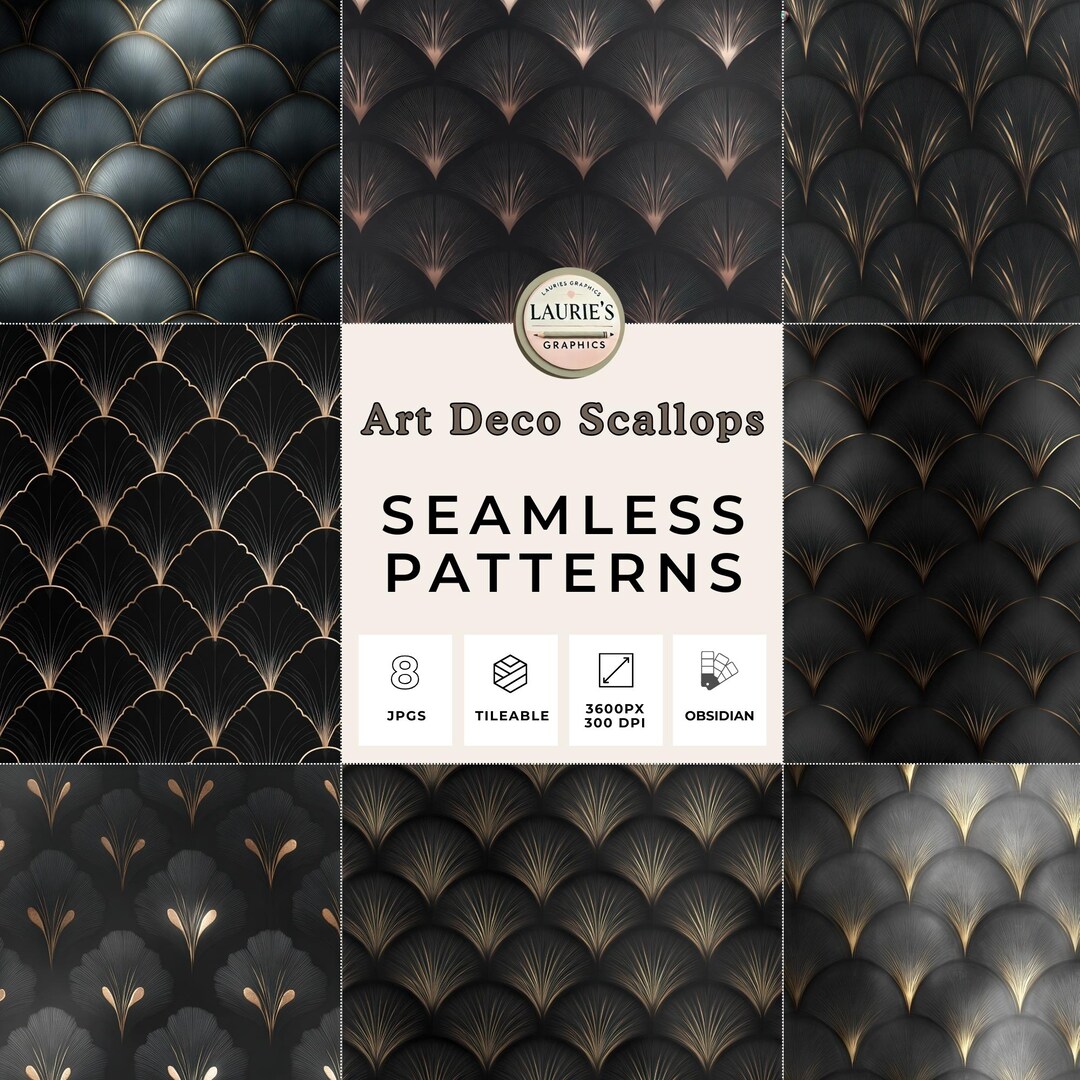 Scalop Pattern Art Deco Scallop Seamless Patterns: Elegant Obsidian Luxury Backgrounds ...