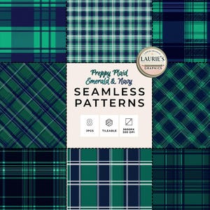 Op de afbeelding: Een verzameling van acht naadloze preppy ruitpatronen in smaragdgroen en marineblauw. De patronen bevatten verschillende raster- en diagonale ontwerpen. De afbeelding bevat ook de tekst "Preppy Plaid Emerald & Navy SEAMLESS PATTERNS".