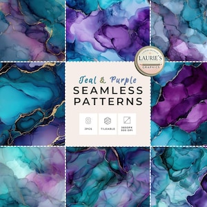 Peut inclure: Ensemble de motifs sans couture turquoise et violets avec des accents dorés. L'image présente huit motifs uniques, répétables et haute résolution, avec le texte "Teal & Purple Seamless Patterns" et "Laurie's Graphics".