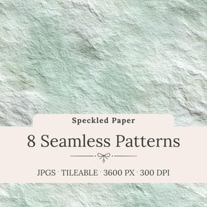 May include: Speckled paper digital art with a textured, light green and white stone-like appearance. The image includes text that reads "Speckled Paper" and "8 Seamless Patterns". The image also includes the text "JPGS TILEABLE 3600 PX 300 DPI".