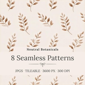 Neutrala botaniska sömlösa mönster - minimalistiskt digitalt papper med löv, moderna beige naturbakgrunder (direkt nedladdning)