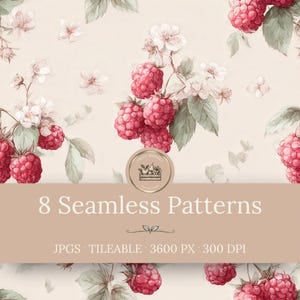 Raspberry Seamless Patterns - Fruit Backgrounds, Cottagecore Digital Papers (Instant Download)