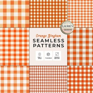 Può includere: Una collezione di otto motivi senza cuciture a quadretti arancioni. I motivi sono in varie dimensioni e disposizioni. L'immagine include il testo "Orange Gingham Seamless Patterns" e "Laurie's Graphics". I motivi sono disponibili in formati PNG e JPG.