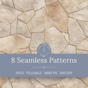 May include: A digital graphic featuring a beige and tan stone wall texture with irregular shapes. A blue banner overlays the center with the text 8 Seamless Patterns, JPGS, TILEABLE, 3600 PX, 300 DPI, and a circular logo with a compass icon.