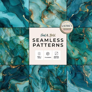 Teal and Gold Marble Seamless Pattern, Alcohol Ink Digital Paper Texture Pack PNG & JPG, Luxury Abstract Backgrounds, Commercial Use TXTG001