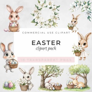 Pack de cliparts de Pâques kawaii - 10 PNG transparents, usage commercial, impression de haute qualité, lapins, bordure de lys et couronne, oeufs de Pâques