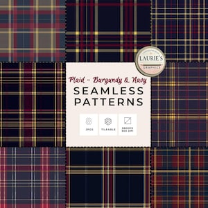 May include: A collection of eight seamless plaid patterns in navy blue, burgundy, and gold. The image includes the text "Plaid - Burgundy & Navy SEAMLESS PATTERNS" and details about the file format and resolution.