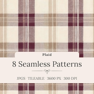 Burgundy Plaid Seamless Patterns – Neutral Tartan Digital Paper (Instant Download)