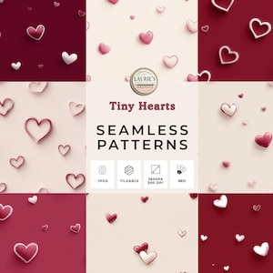 Puede incluir: Un collage de patrones sin costuras con pequeños corazones en varios estilos y colores. Los patrones incluyen corazones rojos, blancos y rosas sobre fondos rojos y crema. También se ve el texto "Tiny Hearts" y "Seamless Patterns".