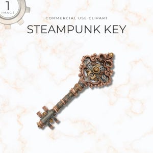 Può includere: Una chiave steampunk dettagliata con una testa decorativa con ingranaggi e filigrana ornata. L'impugnatura della chiave è un mix di tonalità bronzo, rame e argento. L'immagine include il testo "STEAMPUNK KEY" e "COMMERCIAL USE CLIPART".
