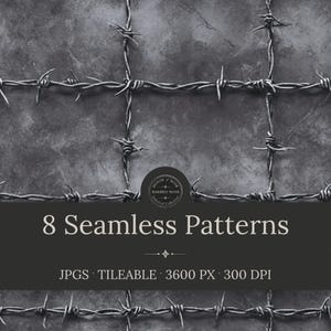 May include: A digital image showing a seamless pattern of barbed wire on a textured grey background. The image includes the text "8 Seamless Patterns" and file details, including resolution.