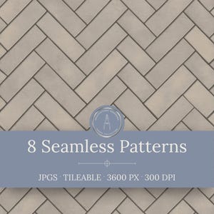 May include: A seamless pattern of light gray rectangular tiles arranged in a herringbone layout. A blue horizontal banner overlays the center, featuring the text 8 Seamless Patterns, JPGS, TILEABLE, 3600 PX, 300 DPI, and a circular logo.