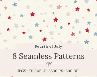 May include: A cream-colored background is covered with a pattern of red, white, and blue stars. The text "Fourth of July" is above "8 Seamless Patterns". Below the text are the words "JPGS . TILEABLE . 3600 PX . 300 DPI".