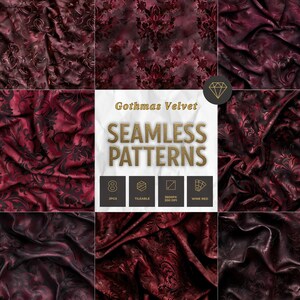 May include: A collage of eight seamless patterns in wine red, featuring a gothic velvet design. The patterns include floral and damask motifs, with a crumpled paper background and the text "Gothmas Velvet Seamless Patterns".