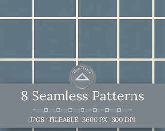 May include: A digital graphic featuring a blue grid pattern with white lines. A circular logo with a triangle icon sits above a gray banner containing the text 8 Seamless Patterns, JPGS, TILEABLE, 3600 PX, 300 DPI, and a line of small squares.