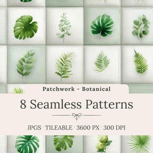 Botanical Patchwork Seamless Patterns - Tropical Leaves Quilt Squares, Cottagecore Floral & Greenery Backgrounds (Digital Download)