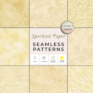 Può includere: Un prodotto digitale che mostra otto motivi senza cuciture di carta macchiata giallo burro. L'immagine include il testo "Speckled Paper" e "Seamless Patterns", insieme a icone che indicano piastrellabile, 3600px e 300 DPI. È presente anche un logo.