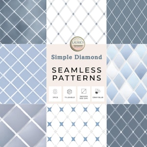 Op de afbeelding: Een verzameling van acht naadloze diamantpatronen in grijstinten en blauw. De patronen omvatten diamantroosters, kruisarcering ontwerpen en diamantvormen met steraccenten. De tekst luidt "Simple Diamond Seamless Patterns" en bevat details over het bestandstype en de resolutie.