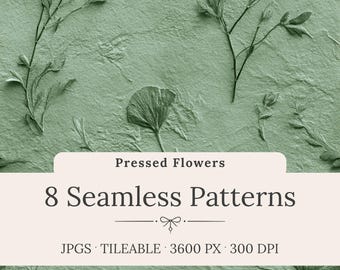 Pressed Flowers Seamless Patterns: Moss Green Botanical Textures, Organic, Nature-Inspired Floral Backgrounds (Digital Download)