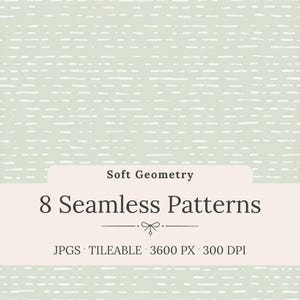 May include: A digital product image with a pale green backdrop and a repeating pattern of white, horizontal dashed lines. The text "Soft Geometry" and "8 Seamless Patterns" are displayed on a light pink banner. The image also includes "JPGS · TILEABLE · 3600 PX · 300 DPI".