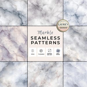 May include: A digital graphic featuring eight marble seamless patterns in various shades of gray, white, and purple. The image includes the text "Marble Seamless Patterns" and details about the file format and resolution.