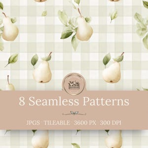 Pear Seamless Patterns - Fruit Backgrounds, Watercolor Digital Papers, Cottagecore Scrapbook Paper (Instant Download)