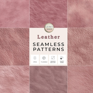 Puede incluir: Ocho patrones sin costuras de cuero rosa empolvado. La imagen incluye el texto "Leather Seamless Patterns" y detalles como "Tileable" y "3600px 300 DPI". Los patrones están en formato JPG.
