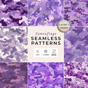 May include: A collection of eight seamless camouflage patterns in shades of purple, lavender, and gray. The patterns are displayed in a grid, with a central graphic that reads "Camouflage Seamless Patterns". The image also includes the text "8 JPGS", "Tileable", and "3600PX 300 DPI".