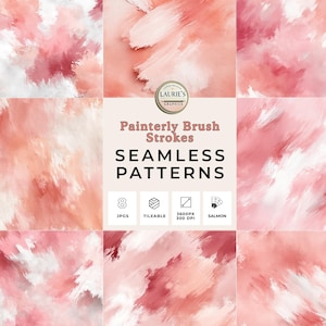 May include: A collection of nine seamless patterns with painterly brush strokes in shades of pink, peach, and white. The image includes the text "Painterly Brush Strokes SEAMLESS PATTERNS" and icons indicating JPGs, tileable, 3600px 300 DPI, and salmon color.
