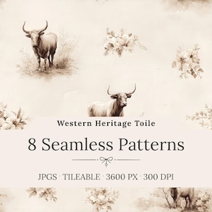 Naadloze patronen in Western Heritage Toile-stijl - Digitaal papier met vintage ranchlandschap, rustieke boerderijachtergronden (direct te downloaden)