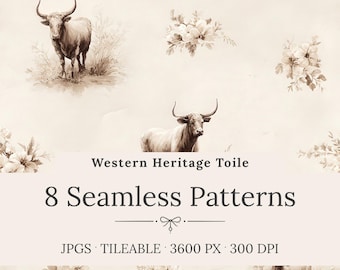 Western Heritage Toile Seamless Patterns - Vintage Ranch Landscape Digital Paper, Rustic Farmhouse Backgrounds (Instant Download)